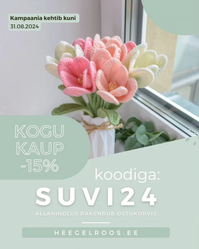 Armsad kliendid ja jälgijad! 🤍

Augusti lõpuni on KOGU KAUP -15% SOODSAM! Selleks kasuta koodi SUVI24

Suve lõpp ei ole enam kaugel ja seepärast otsustasin teha teile suurema sooduskampaania.

Kui Sul on varem mõne toote vastu huvi olnud, aga hind on liiga krõbe tundunud, siis just nüüd on Sul võimalus ost veidi soodsamalt sooritada! 😊

Kuna tegu on käsitööna ja suure ajakuluga valminud esemetega, siis selliseid soodustusi ma tihti endale lubada ei saa. 

Minu käsitööpoest leiad heegeldatud lilli, näiteks: roosid, tulbid, võõrasemad, lavendlid, nartsissid, nelgid, päevalilled, rukkililled. 
Lilli saab osta nii kimbus kui üksikult. Lilled saabuvad kinkepakis ja on ideaalseks kingiideeks! :)

Lisaks lilledele valmistan ka potitaimi, sukulente, pehmeid mänguasju, võtmehoidjaid, linikuid, tassialuseid ja järjehoidjaid.

NB! Sooduskoodi saab kasutada nii Yaga platvormil yaga.ee/heegelroos kui veebipoes https://heegelroos.ee
Soodustus kehtib kõigile laos olevatele toodetele ja ei laiene eritellimustele ega järeltellimustele.